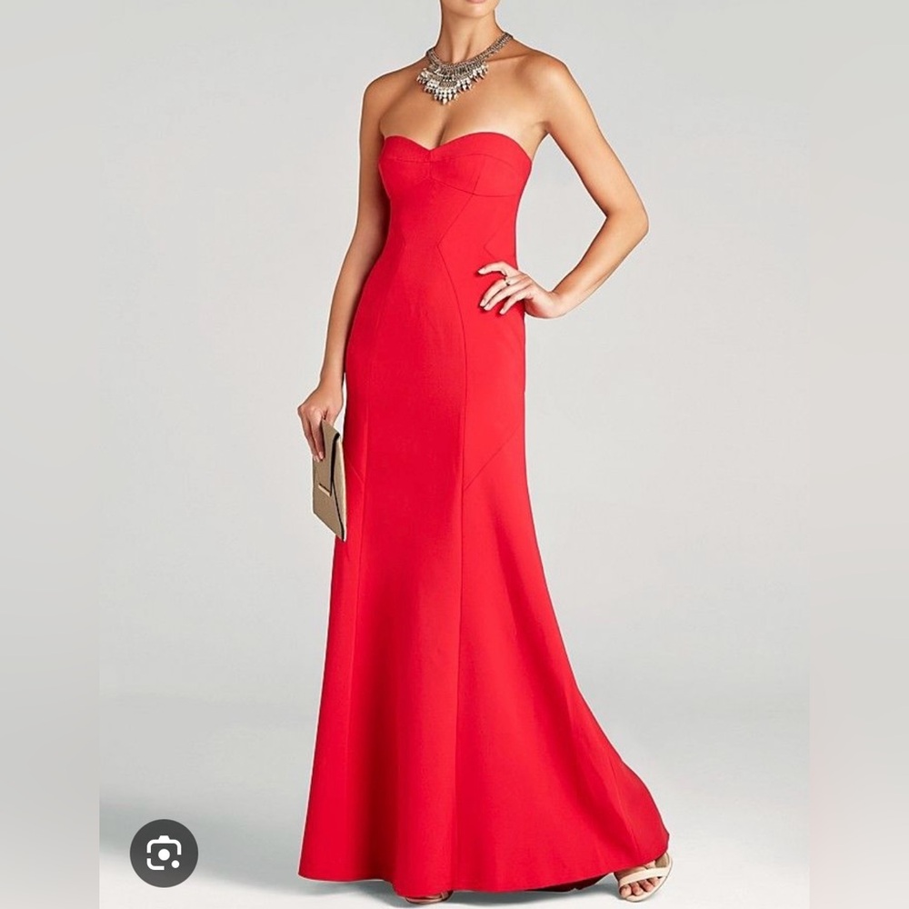 BCBG MaxAzria Surrey Red Strapless Bustier Gown, Red Evening Gown